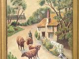 a painting of cows walking down the road by a house