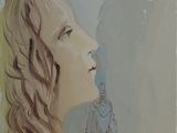 a painting of a woman with long hair and a bird on her head
