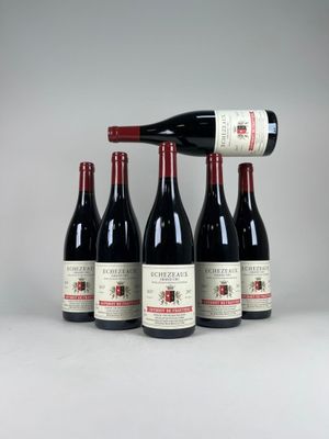 six bouteilles de vin rouge sont alignées