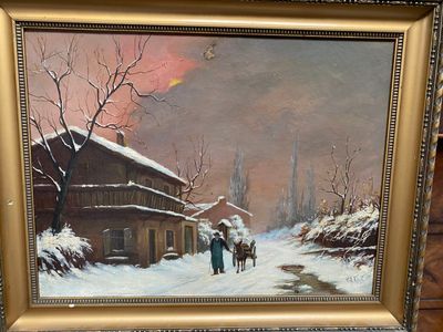 painting of people walking down a snowy street in front of a house