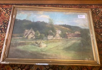 une peinture à l'huile représentant une scène de vie à la ferme, encadrée et posée sur un tapis