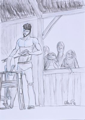 dessin représentant un homme debout devant un bar, une guitare à la main