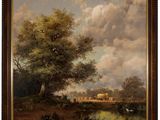 une peinture à l'huile représentant des vaches paissant au bord d'une rivière, près d'un arbre