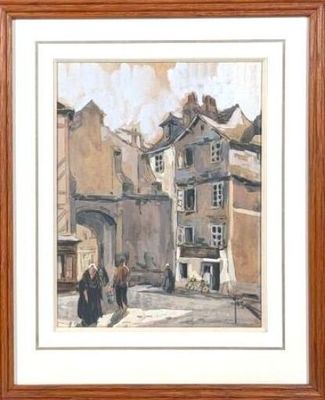 painting of a street scene with people and buildings in the background