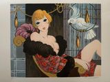 a painting of a woman sitting in a chair with a bird on her shoulder