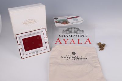 a box of champagne next to a package of chocolates