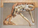 an image of a painting of a man and a woman doing a handstand