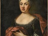 un tableau représentant une femme en robe rouge tenant un sac blanc