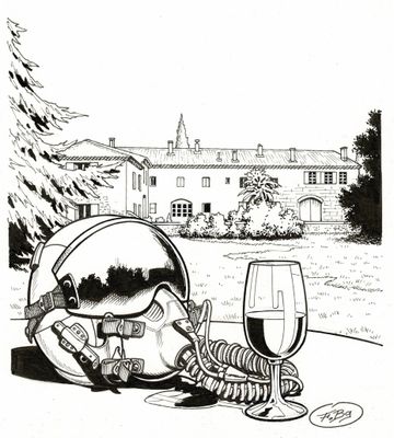 un dessin à l'encre représentant une bouteille de vin et un verre de vin posés par terre
