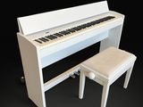 a white piano and a stool on a black background