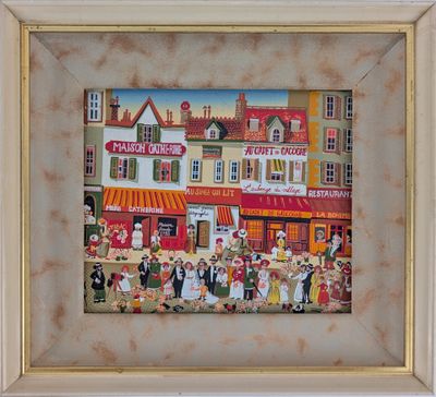 tableau représentant une scène de rue avec des passants et des magasins en arrière-plan