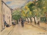 painting of a street scene with people sitting on benches and a man walking down the street