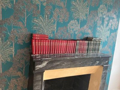 a fireplace with books on top of it next to a wall