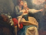 painting of a woman and child sitting on a chair in a wooded setting