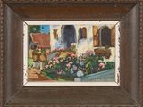 an image of a painting of a house with flowers in front of it