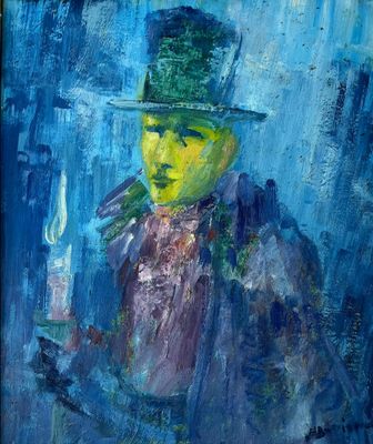 une peinture à l'huile représentant un homme portant un chapeau vert et tenant une bougie