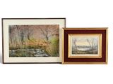 deux tableaux encadrés représentant des arbres et une rivière, dans un cadre en bois