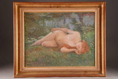 an oil painting of a naked woman laying on the grass