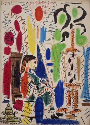 an image of a drawing of a woman sitting in front of a painting
