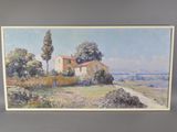 une image d'une peinture représentant une maison sur une colline
