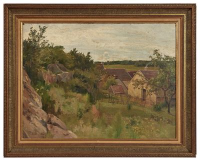 un tableau représentant une scène de campagne avec une maison au loin