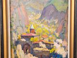 a painting of a mountain scene with a church in the foreground