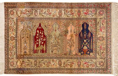 an antique persian rug with three women and two men