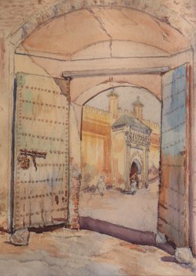 une aquarelle représentant une porte avec un bâtiment en arrière-plan