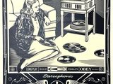 an image of a black and white drawing of a woman sitting on a couch next to a record player