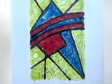 painting of a red, blue and green abstract design on a white card