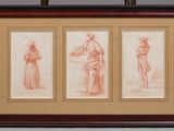 trois dessins encadrés représentant une femme et un homme debout devant un miroir
