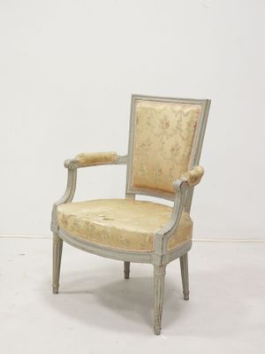 pair of french louis xvi style armchairs with upholstered arms
