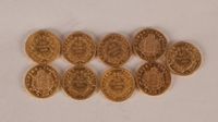 Réunion de 9 pièces 20 FF Or, second Empire, Napoléon III tête nue et 