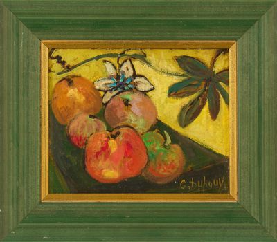une peinture à l'huile représentant des pommes et des oranges, dans un cadre vert