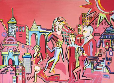 ALGUERI (XXe) Composition "Personnages dans la ville"