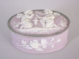 a pink box with a picture of angels on it