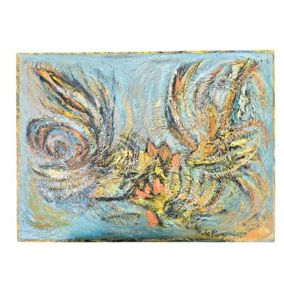 peinture abstraite représentant un poisson dans des tons de bleu, jaune et orange