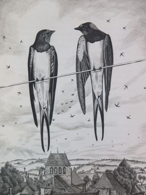 two birds that are sitting on a wire in the sky