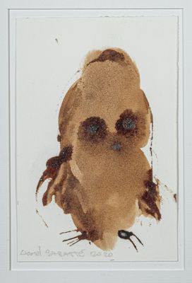 painting of a brown owl on a white background with a white frame