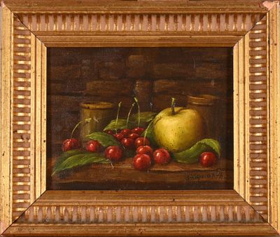 une peinture à l'huile représentant des cerises et une pomme posées sur une table en bois