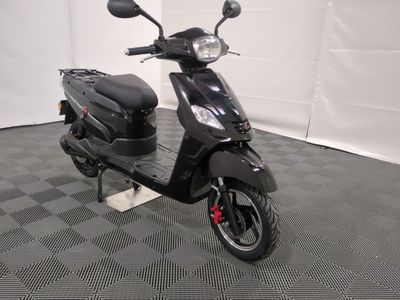 the motor scooter is parked in the garage on the checkered floor