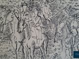 drawing of a group of people riding horses in a wooded area