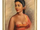 painting of a woman in a red dress with a flower in her hair