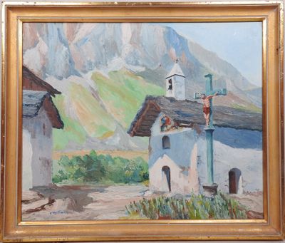 une peinture à l'huile représentant un village avec une église et une montagne en arrière-plan