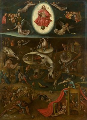 an image of a painting of a religious scene with angels and demons