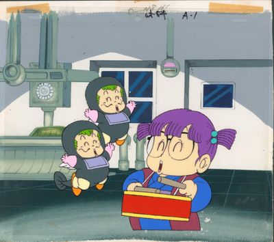animation production cel of a girl carrying a box with three other children