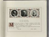 an open book with a picture of three men and a letter m on it