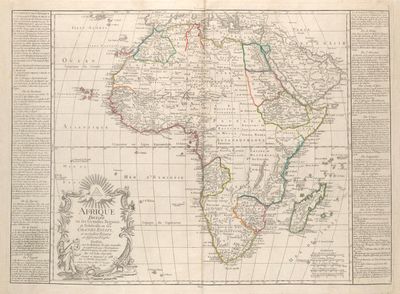 an old map of africa with a red line on it