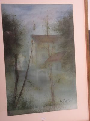 a picture of a picture of a house in the fog