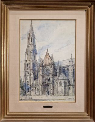 tableau représentant une église avec une tour horloge en son centre